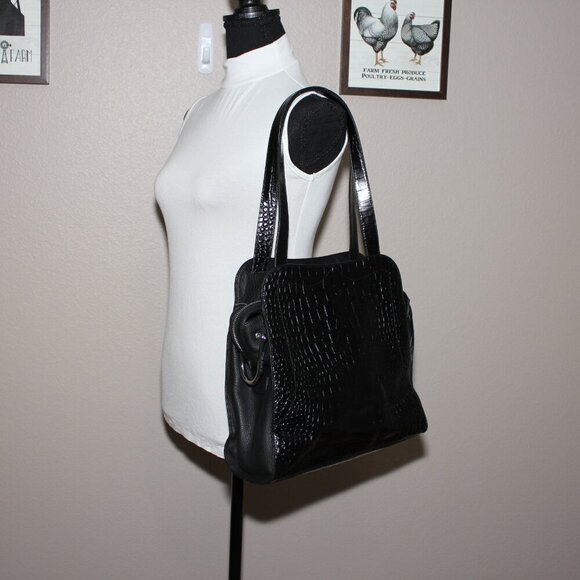 Vince Camuto Womens Black North South Tal Croc Embossed Leather Tote Bag Purse - Picture 12 of 12